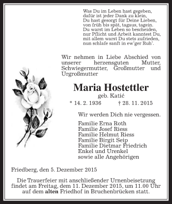 Traueranzeige von Maria Hostettler von Wetterauer Zeitung, Wetterauer Zeitung