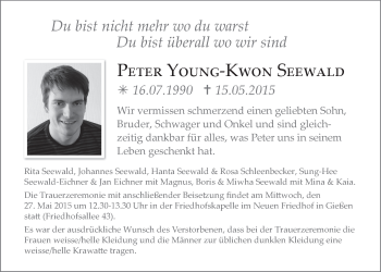 Traueranzeige von Peter Young-Kwon Seewald von Gießener Allgemeine, Alsfelder Allgemeine