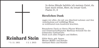 Traueranzeige von Reinhard Stein von Gießener Allgemeine, Alsfelder Allgemeine