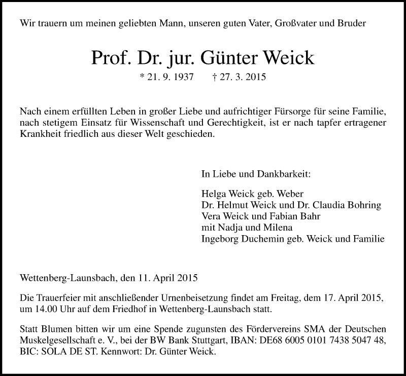  Traueranzeige für Günter Weick vom 11.04.2015 aus Gießener Allgemeine, Alsfelder Allgemeine