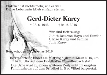 Traueranzeige von Gerd-Dieter Karey von Wetterauer Zeitung, Wetterauer Zeitung