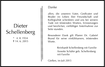 Traueranzeige von Dieter Schellenberg von Gießener Allgemeine, Alsfelder Allgemeine