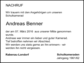 Traueranzeige von Andreas Benner von Rabenauer Zeitung