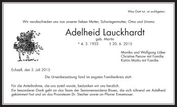 Traueranzeige von Adelheid Lauckhardt von Wetterauer Zeitung, Wetterauer Zeitung