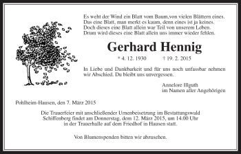 Traueranzeige von Gerhard Hennig von Gießener Allgemeine, Alsfelder Allgemeine