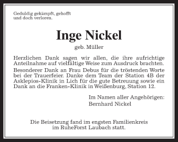 Traueranzeige von Inge Nickel von Gießener Allgemeine, Alsfelder Allgemeine