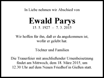 Traueranzeige von Ewald Parys von Gießener Allgemeine, Alsfelder Allgemeine