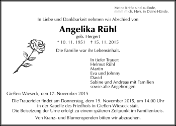 Traueranzeige von Angelika Rühl von Gießener Allgemeine, Alsfelder Allgemeine