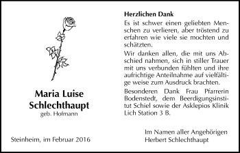 Traueranzeige von Maria Luise Schlechthaupt von Licher Wochenblatt, Licher Wochenblatt, Licher Wochenblatt
