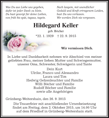 Traueranzeige von Hildegard Keller von Gießener Allgemeine, Alsfelder Allgemeine