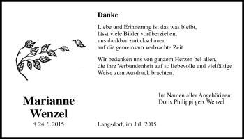 Traueranzeige von Marianne Wenzel von Licher Wochenblatt, Licher Wochenblatt, Licher Wochenblatt