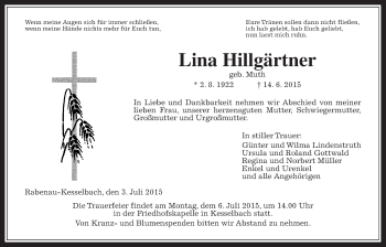Traueranzeige von Lina Hillgärtner von Gießener Allgemeine, Alsfelder Allgemeine