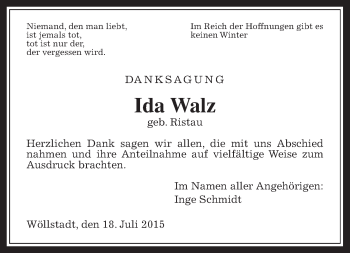 Traueranzeige von Ida Walz von Wetterauer Zeitung, Wetterauer Zeitung