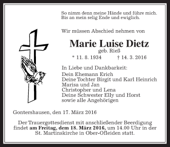 Traueranzeige von Marie Luise Dietz von Alsfelder Allgemeine