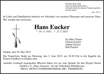 Traueranzeige von Hans Eucker von Gießener Allgemeine, Alsfelder Allgemeine