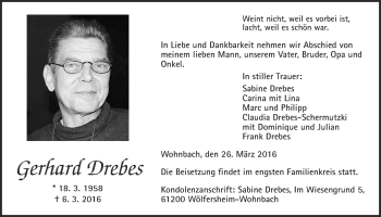 Traueranzeige von Gerhard Drebes von Wetterauer Zeitung, Wetterauer Zeitung