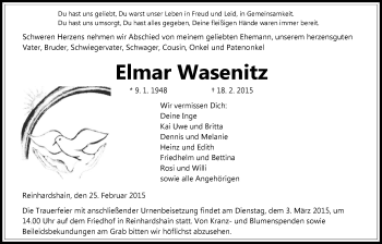 Traueranzeige von Elmar Wasenitz von Gießener Allgemeine, Alsfelder Allgemeine