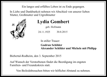 Traueranzeige von Lydia Gomberg von Gießener Allgemeine, Alsfelder Allgemeine