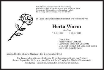 Traueranzeige von Herta Wurm von Gießener Allgemeine, Alsfelder Allgemeine