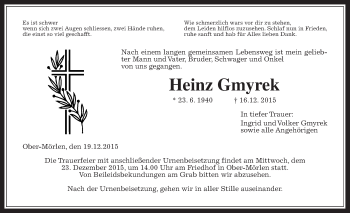 Traueranzeige von Heinz Gmyrek von Wetterauer Zeitung, Wetterauer Zeitung