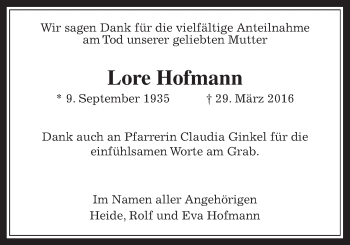 Traueranzeige von Lore Hofmann von Wetterauer Zeitung, Wetterauer Zeitung