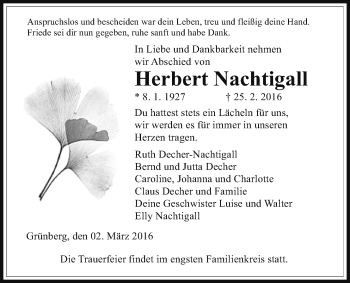 Traueranzeige von Herbert Nachtigall von Gießener Allgemeine, Alsfelder Allgemeine