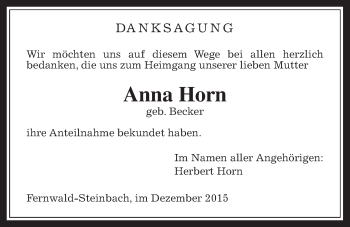 Traueranzeige von Anna Horn von Gießener Allgemeine, Alsfelder Allgemeine