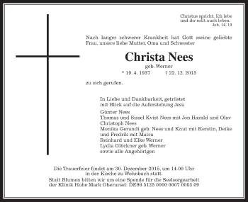 Traueranzeige von Christa Nees von Wetterauer Zeitung, Wetterauer Zeitung