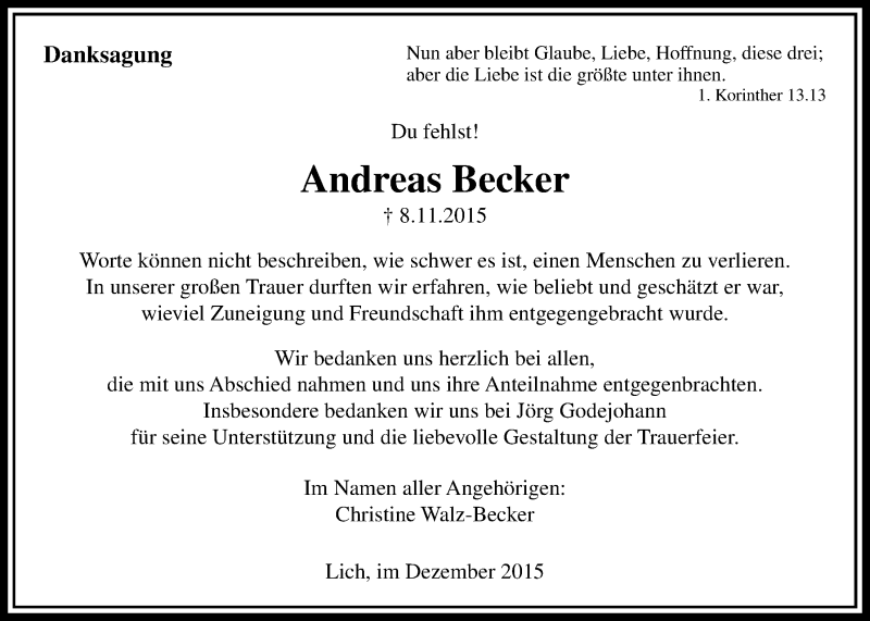 Traueranzeige für Andreas Becker vom 12.12.2015 aus Gießener Allgemeine, Alsfelder Allgemeine