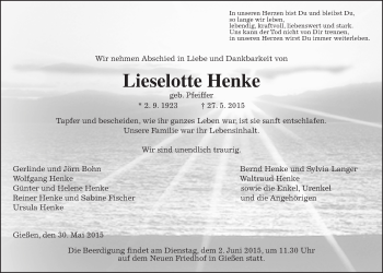 Traueranzeige von Lieselotte Henke von Gießener Allgemeine, Alsfelder Allgemeine
