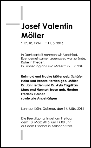 Traueranzeige von Josef Valentin Möller von Gießener Allgemeine, Alsfelder Allgemeine