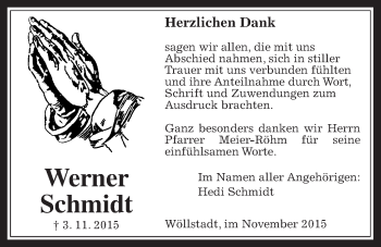 Traueranzeige von Werner Schmidt von Wetterauer Zeitung, Wetterauer Zeitung