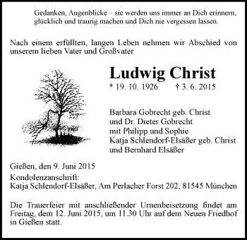 Traueranzeige von Ludwig Christ von Gießener Allgemeine, Alsfelder Allgemeine