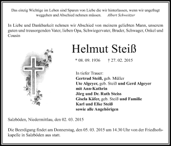 Traueranzeige von Helmut Steiß von Gießener Allgemeine, Alsfelder Allgemeine