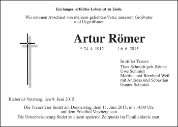 Traueranzeige von Artur Römer von Gießener Allgemeine, Alsfelder Allgemeine