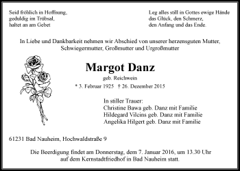 Traueranzeige von Margot Danz von Wetterauer Zeitung, Wetterauer Zeitung