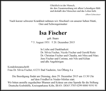 Traueranzeige von Isa Fischer von Wetterauer Zeitung, Wetterauer Zeitung