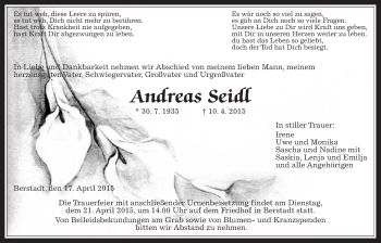 Traueranzeige von Andreas Seidl von Wetterauer Zeitung, Wetterauer Zeitung