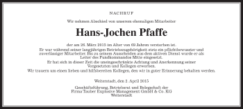 Traueranzeige von Hans Jochen Pfaffe von Alsfelder Allgemeine