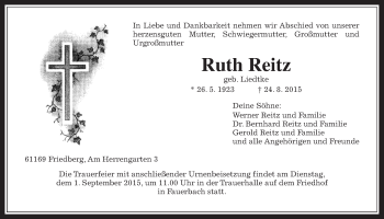 Traueranzeige von Ruth Reitz von Wetterauer Zeitung, Wetterauer Zeitung