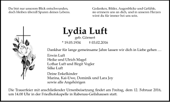 Traueranzeige von Lydia Luft von Gießener Allgemeine, Alsfelder Allgemeine