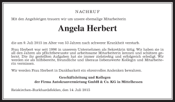 Traueranzeige von Angela Herbert von Gießener Allgemeine, Alsfelder Allgemeine