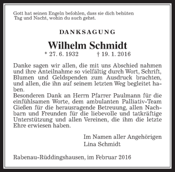 Traueranzeige von Wilhelm Schmidt von Rabenauer Zeitung