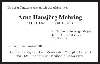 Traueranzeige von Arno Hansjörg Mohring von Gießener Allgemeine, Alsfelder Allgemeine