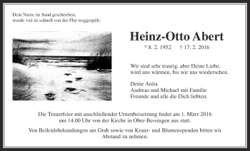 Traueranzeige von Heinz-Otto Abert von Licher Wochenblatt, Licher Wochenblatt, Licher Wochenblatt
