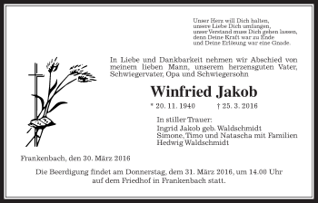 Traueranzeige von Winfried Jakob von Gießener Allgemeine, Alsfelder Allgemeine