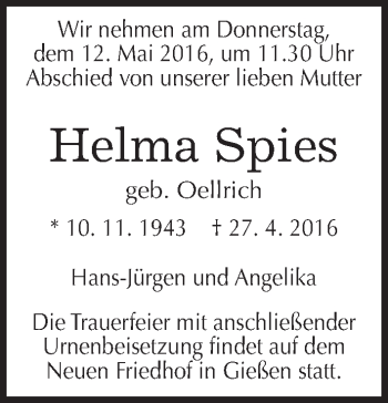 Traueranzeige von Helma Spies von Gießener Allgemeine, Alsfelder Allgemeine
