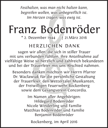 Traueranzeige von Franz Bodenröder von Wetterauer Zeitung, Wetterauer Zeitung
