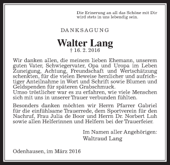 Traueranzeige von Walter Lang von Rabenauer Zeitung