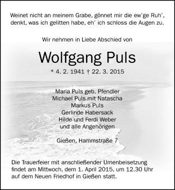 Traueranzeige von Wolfgang Puls von Gießener Allgemeine, Alsfelder Allgemeine